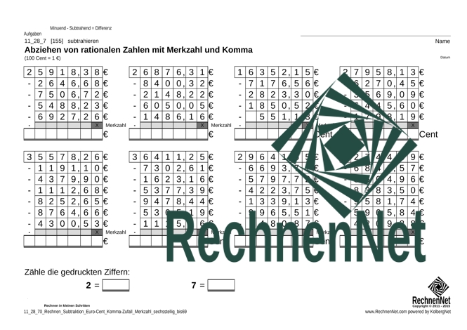 11_58_7 Rechnen Subtraktion Euro-Cent Komma Merkzahl sechsstellig_bis69