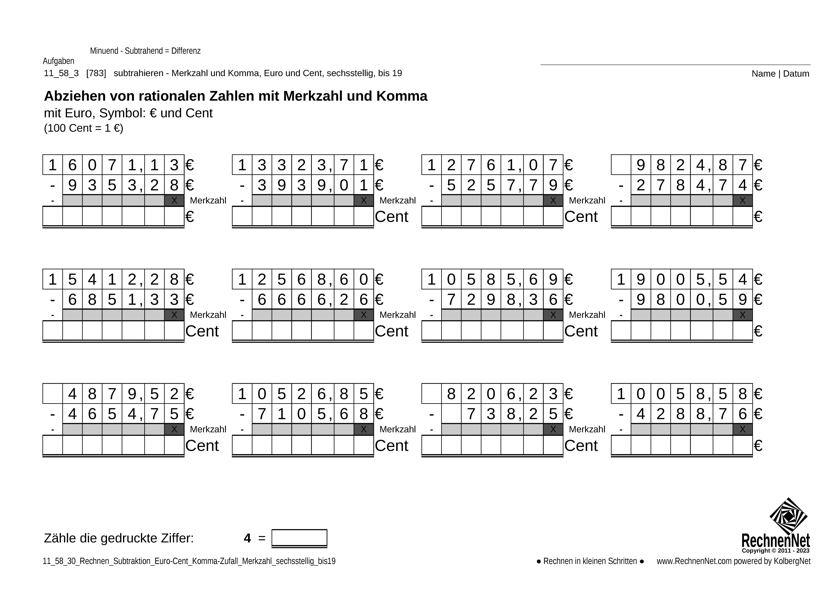 11_59_3 Rechnen Subtraktion Merkzahl Komma Euro sechsstellig bis19