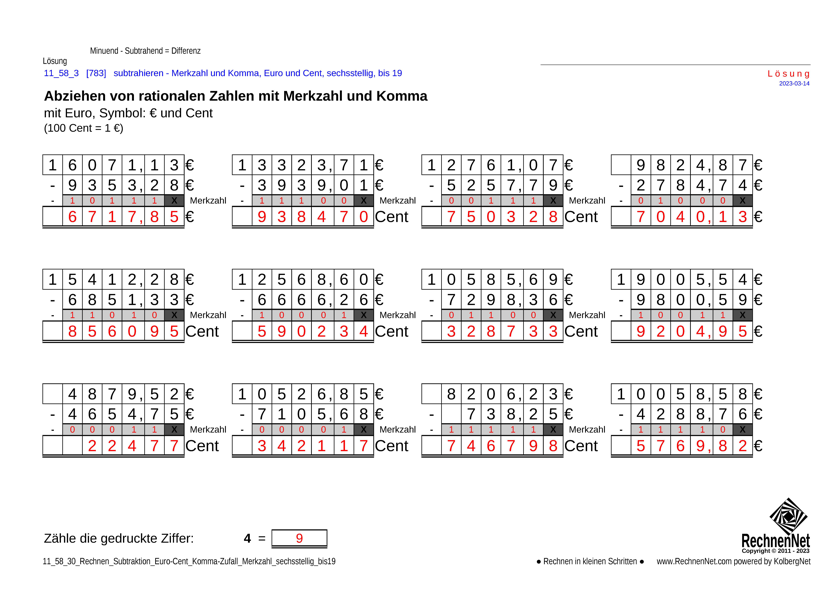 Lösung: 11_59_3 Rechnen Subtraktion Merkzahl Komma Euro sechsstellig bis19