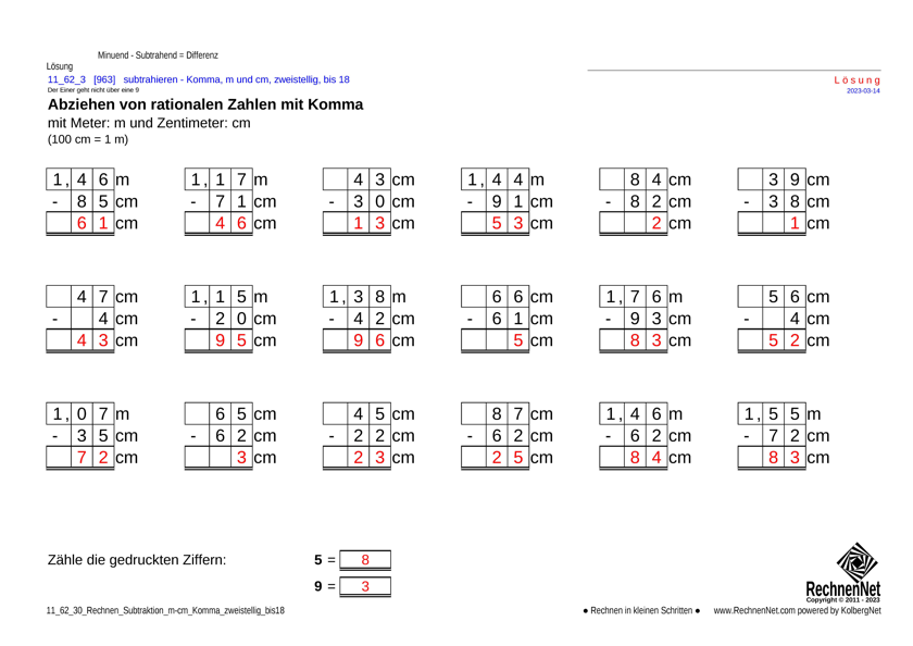 Lösung: 11_62_3 Rechnen Subtraktion m-cm Komma zweistellig bis18