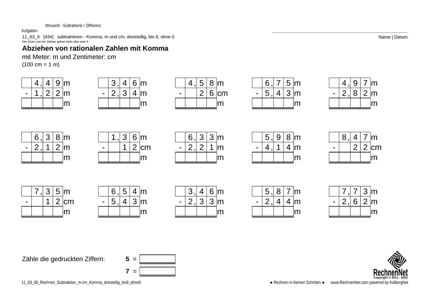 11_63_0 Rechnen Subtraktion m-cm Komma dreistellig bis9 ohne0
