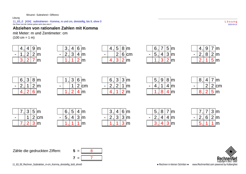 Lösung: 11_63_0 Rechnen Subtraktion m-cm Komma dreistellig bis9 ohne0