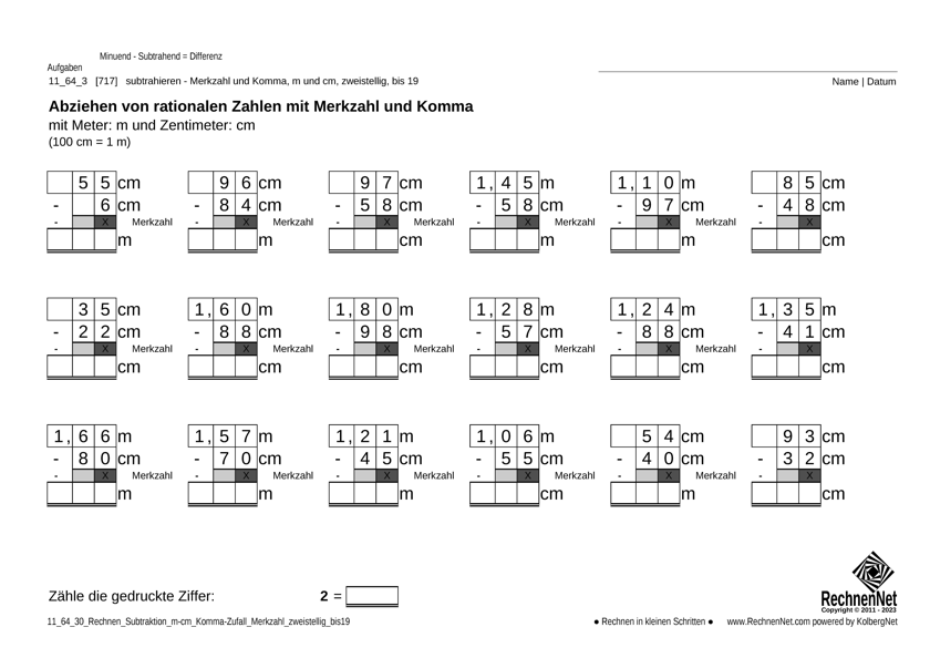 11_65_3 Rechnen Subtraktion Merkzahl Komma m-cm zweistellig bis19