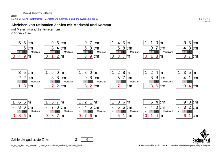 Lösung: 11_65_3 Rechnen Subtraktion Merkzahl Komma m-cm zweistellig bis19