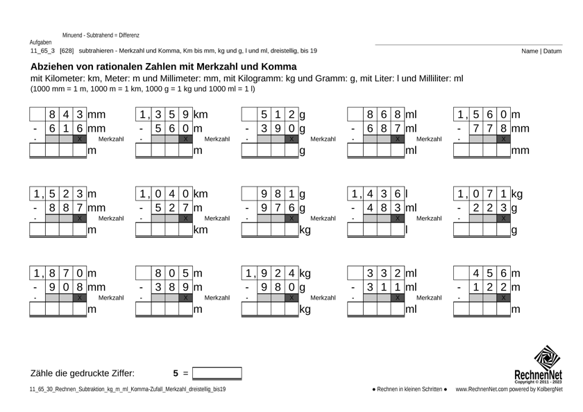 11_66_3 Rechnen Subtraktion Merkzahl Komma kg_m_ml dreistellig bis19