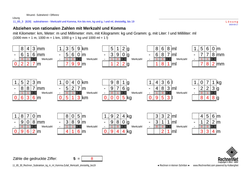 Lösung: 11_66_3 Rechnen Subtraktion Merkzahl Komma kg_m_ml dreistellig bis19