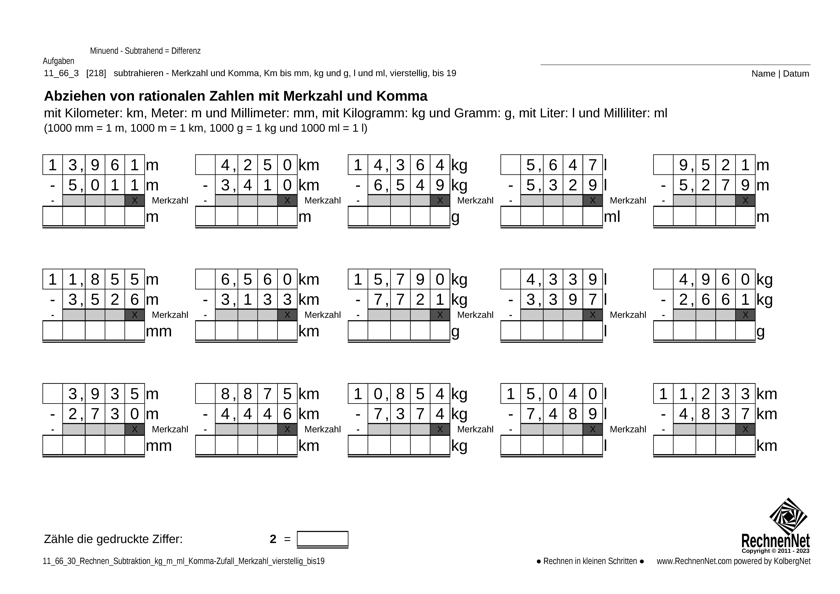  11_67_3 Rechnen Subtraktion Merkzahl Komma kg_m_ml vierstellig bis19