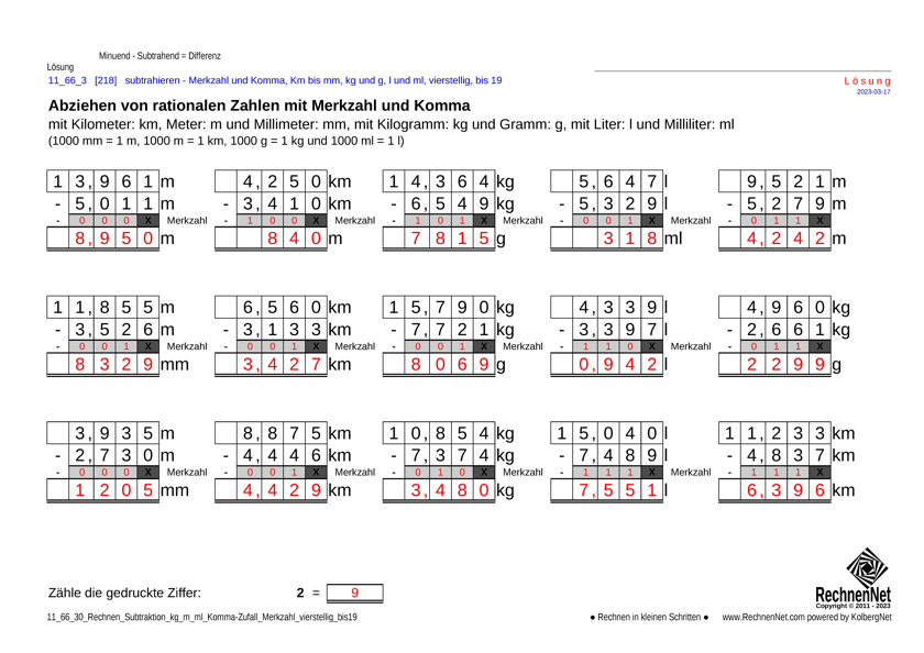Lösung:  11_67_3 Rechnen Subtraktion Merkzahl Komma kg_m_ml vierstellig bis19