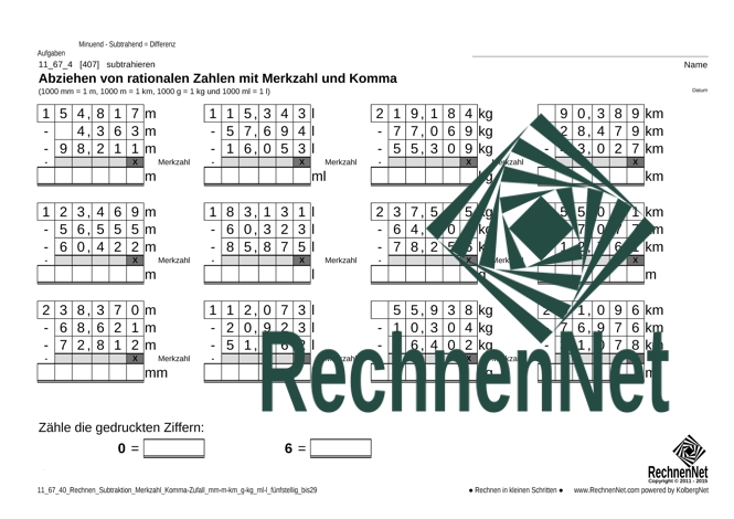 11_67_4 Rechnen Subtraktion Merkzahl Komma mm-m-km g-kg ml-l fünfstellig_bis29
