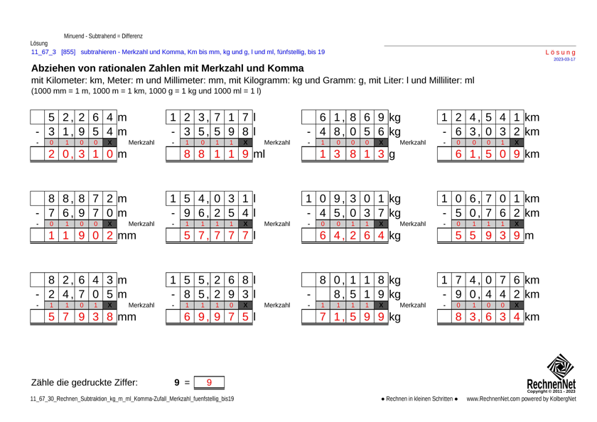 Lösung: 11_68_3 Rechnen Subtraktion Merkzahl Komma kg_m_ml fünfstellig bis19