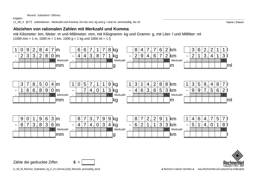 11_69_3 Rechnen Subtraktion Merkzahl Komma kg_m_ml sechsstellig bis19