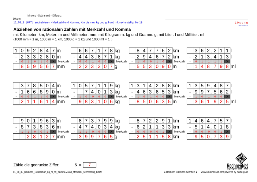 Lösung: 11_69_3 Rechnen Subtraktion Merkzahl Komma kg_m_ml sechsstellig bis19
