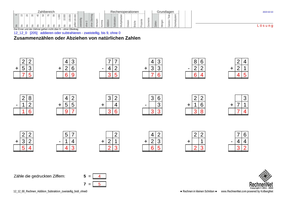 Lösung: 12_12_0 Rechnen Addition Subtraktion zweistellig bis9 ohne0