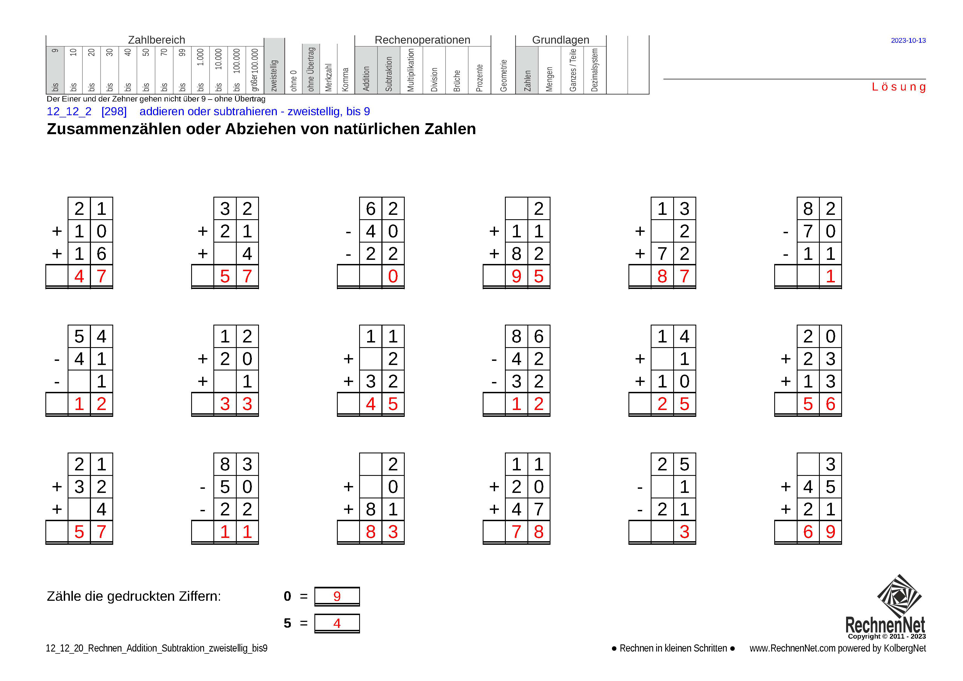Lösung: 12_12_2 Rechnen Addition Subtraktion zweistellig bis9