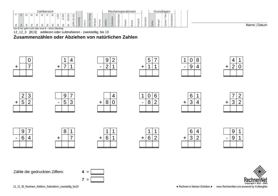 12_12_3 Rechnen Addition Subtraktion zweistellig bis10