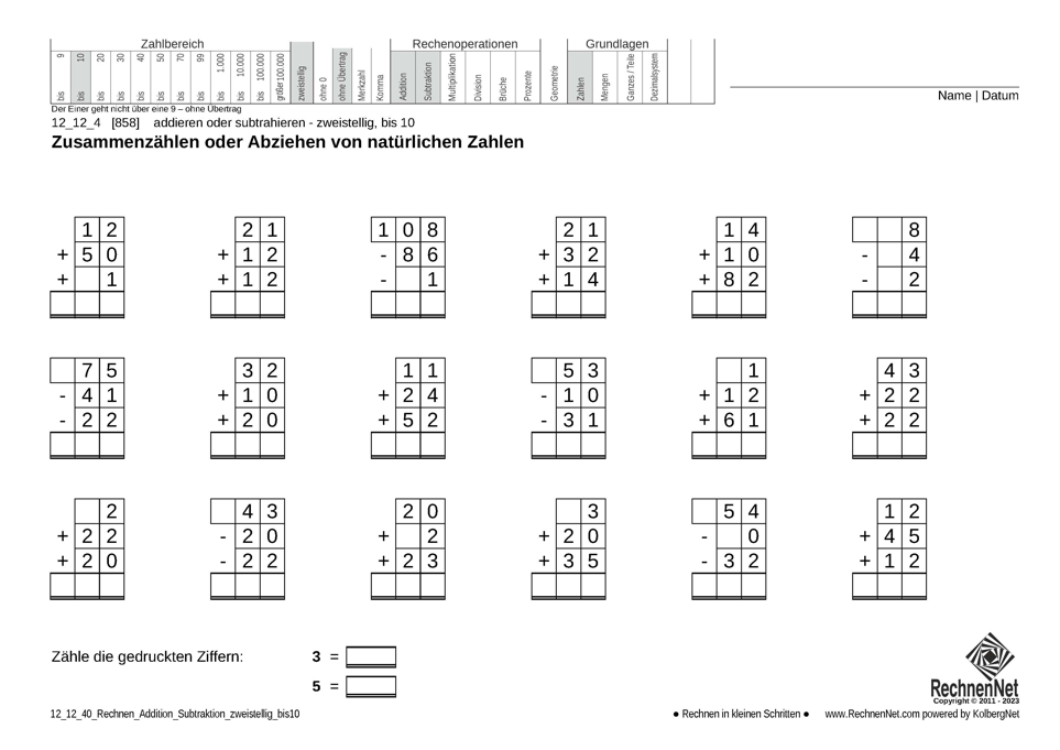 12_12_4 Rechnen Addition Subtraktion zweistellig bis10