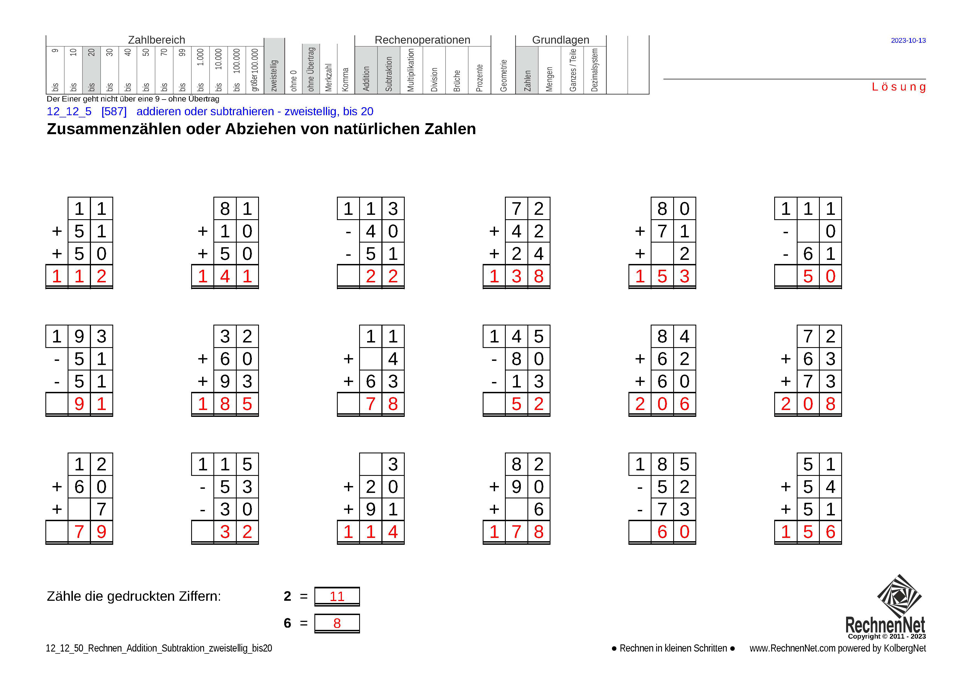 Lösung: 12_12_5 Rechnen Addition Subtraktion zweistellig bis20