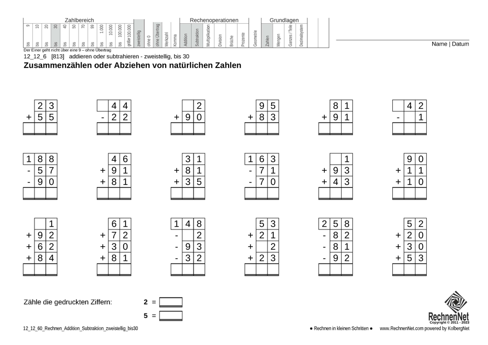 12_12_6 Rechnen Addition Subtraktion zweistellig bis30