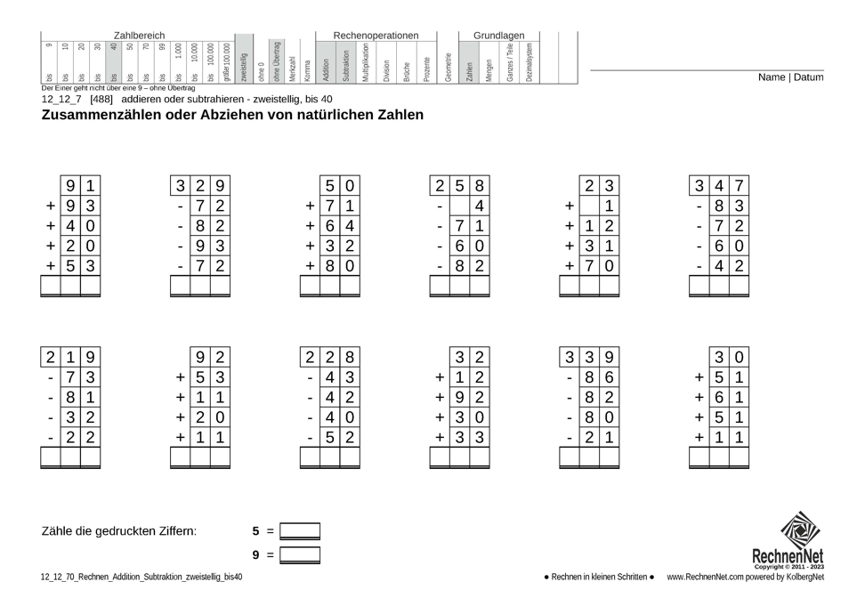 12_12_7 Rechnen Addition Subtraktion zweistellig bis40