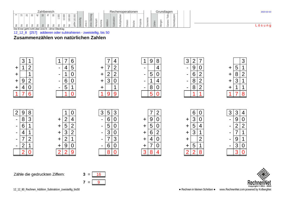 Lösung: 12_12_8 Rechnen Addition Subtraktion zweistellig bis50
