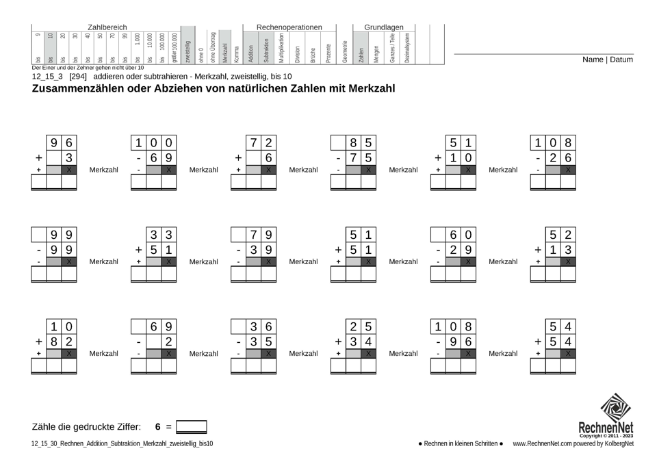 12_15_3 Rechnen Addition Subtraktion Merkzahl zweistellig bis10