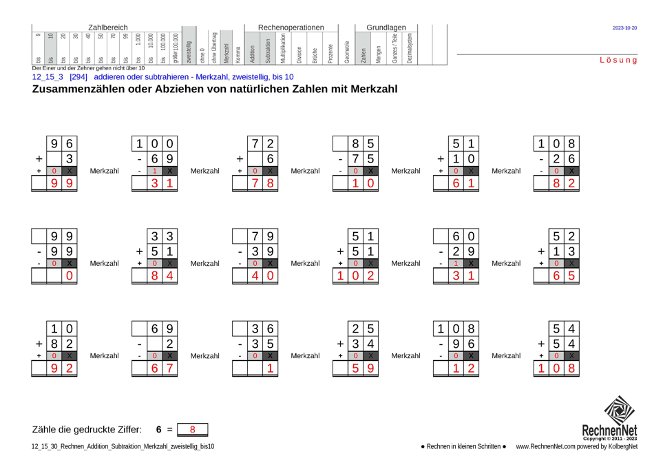 Lösung: 12_15_3 Rechnen Addition Subtraktion Merkzahl zweistellig bis10