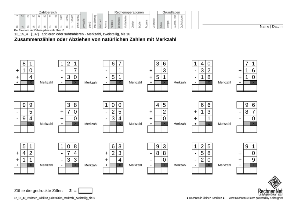 12_15_4 Rechnen Addition Subtraktion Merkzahl zweistellig bis10
