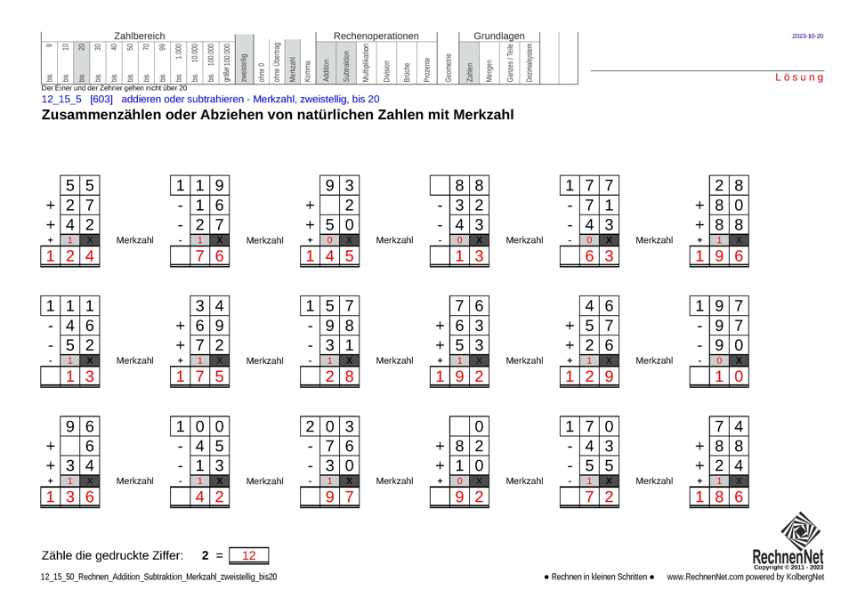 Lösung: 12_15_5 Rechnen Addition Subtraktion Merkzahl zweistellig bis20