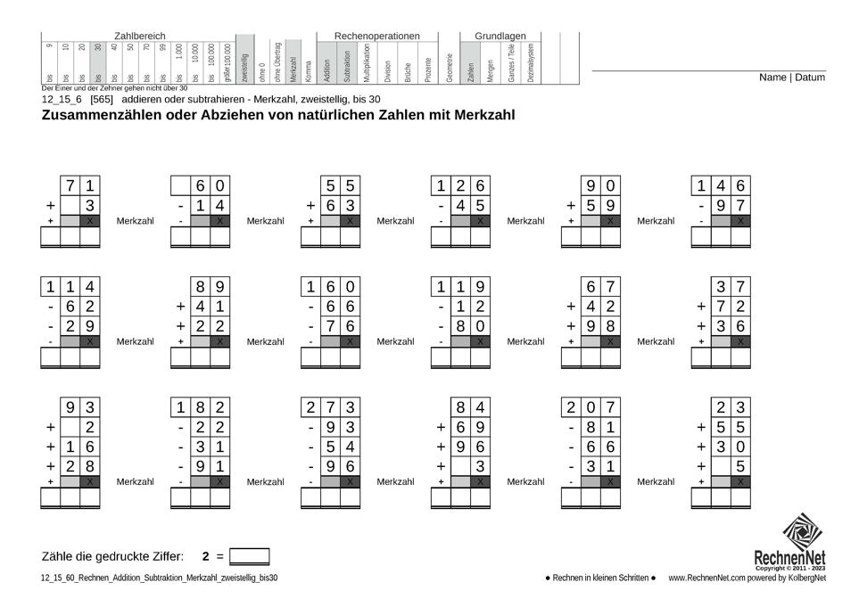12_15_6 Rechnen Addition Subtraktion Merkzahl zweistellig bis30