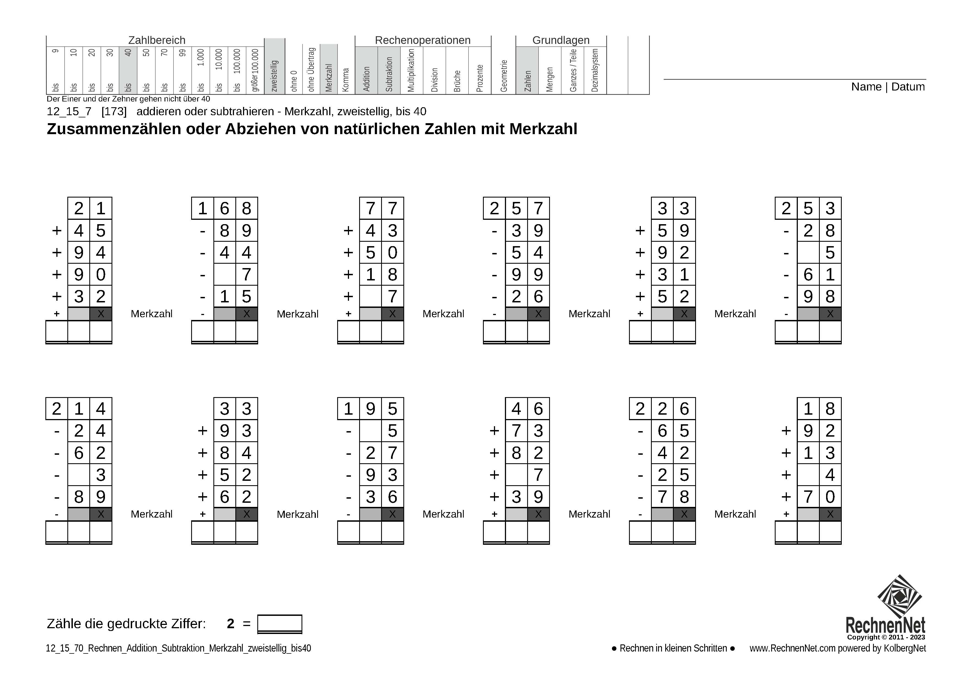12_15_7 Rechnen Addition Subtraktion Merkzahl zweistellig bis40