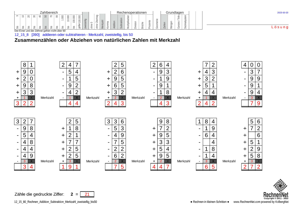 Lösung: 12_15_8 Rechnen Addition Subtraktion Merkzahl zweistellig bis50