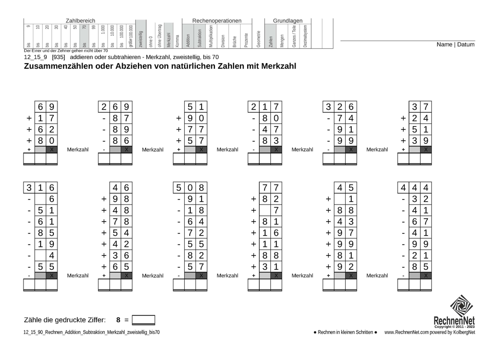 12_15_9 Rechnen Addition Subtraktion Merkzahl zweistellig bis70