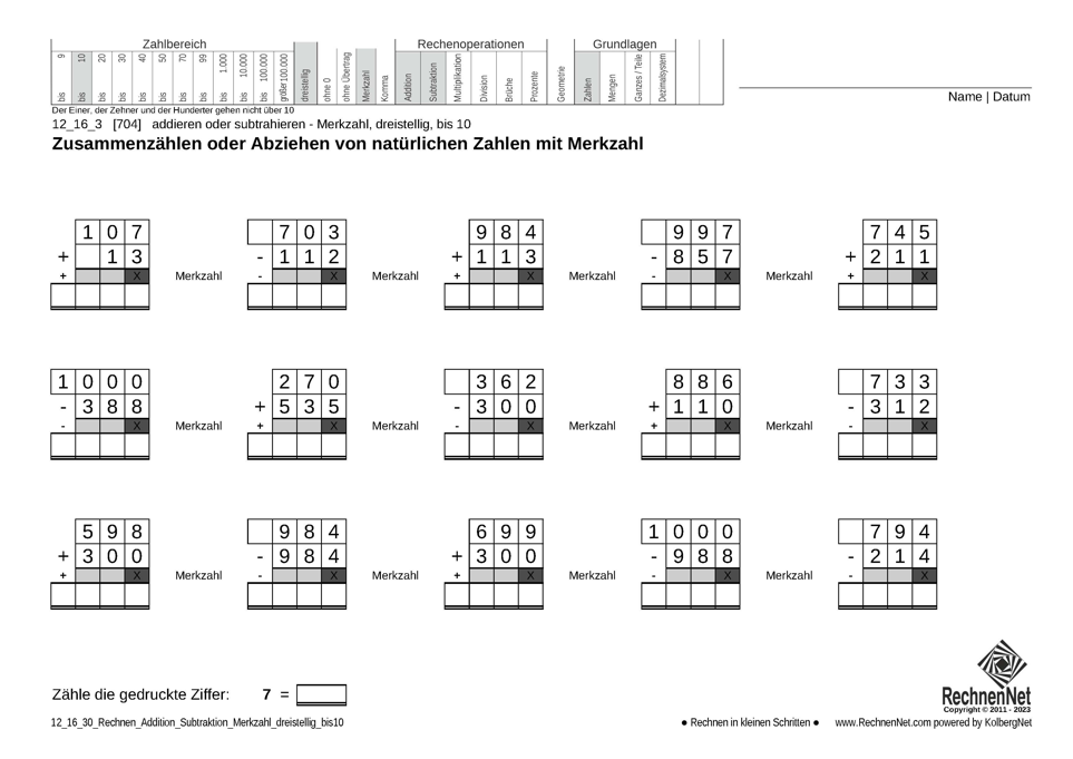 12_16_3 Rechnen Addition Subtraktion Merkzahl dreistellig bis10