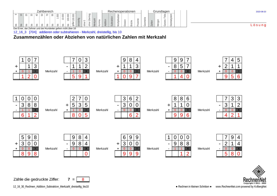  Lösung: 12_16_3 Rechnen Addition Subtraktion Merkzahl dreistellig bis10