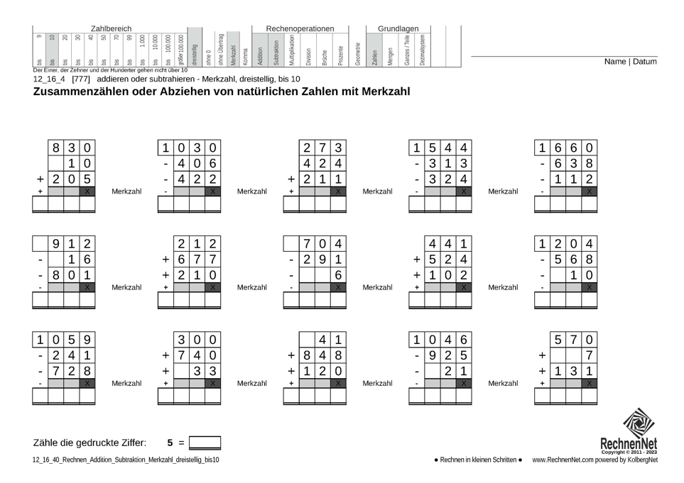 12_16_4 Rechnen Addition Subtraktion Merkzahl dreistellig bis10 12_16_4 Rechnen Addition Subtraktion Merkzahl dreistellig bis10