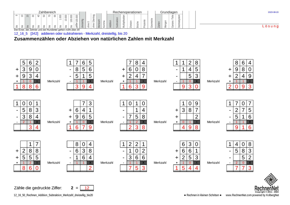 Lösung: 12_16_5 Rechnen Addition Subtraktion Merkzahl dreistellig bis20 Lösung: 12_16_5 Rechnen Addition Subtraktion Merkzahl dreistellig bis20