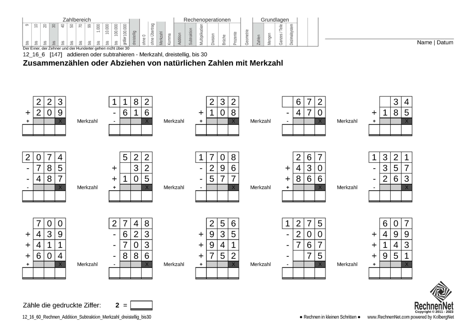 12_16_6 Rechnen Addition Subtraktion Merkzahl dreistellig bis30 12_16_6 Rechnen Addition Subtraktion Merkzahl dreistellig bis30