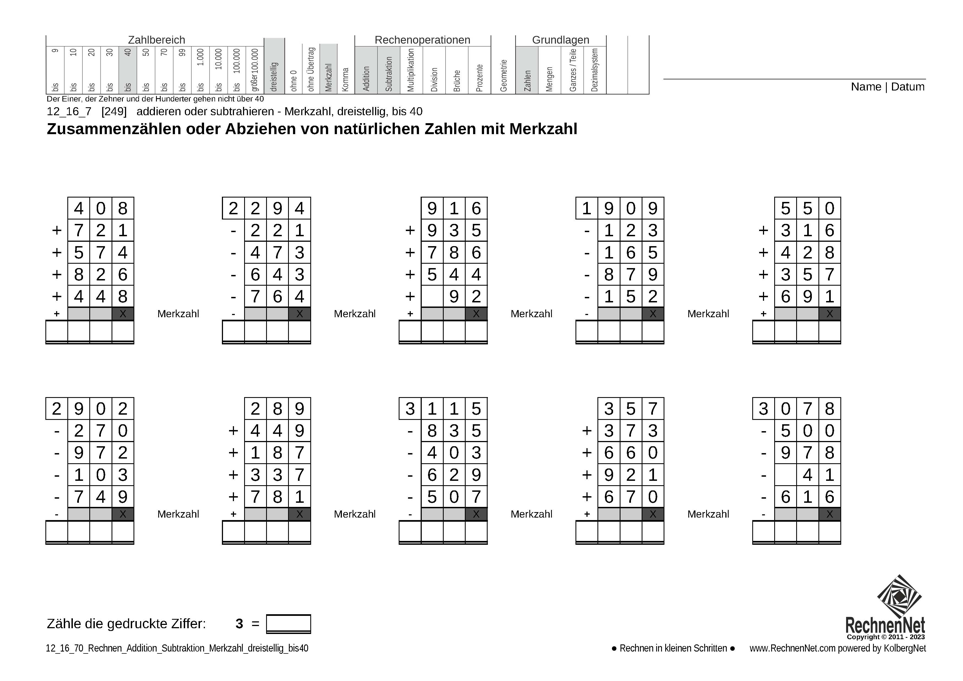 12_16_7 Rechnen Addition Subtraktion Merkzahl dreistellig bis40 12_16_7 Rechnen Addition Subtraktion Merkzahl dreistellig bis40