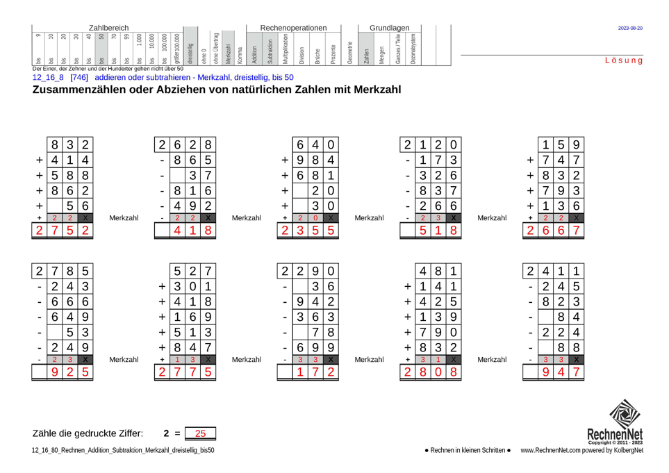 Lösung: 12_16_8 Rechnen Addition Subtraktion Merkzahl dreistellig bis50 Lösung: 12_16_8 Rechnen Addition Subtraktion Merkzahl dreistellig bis50
