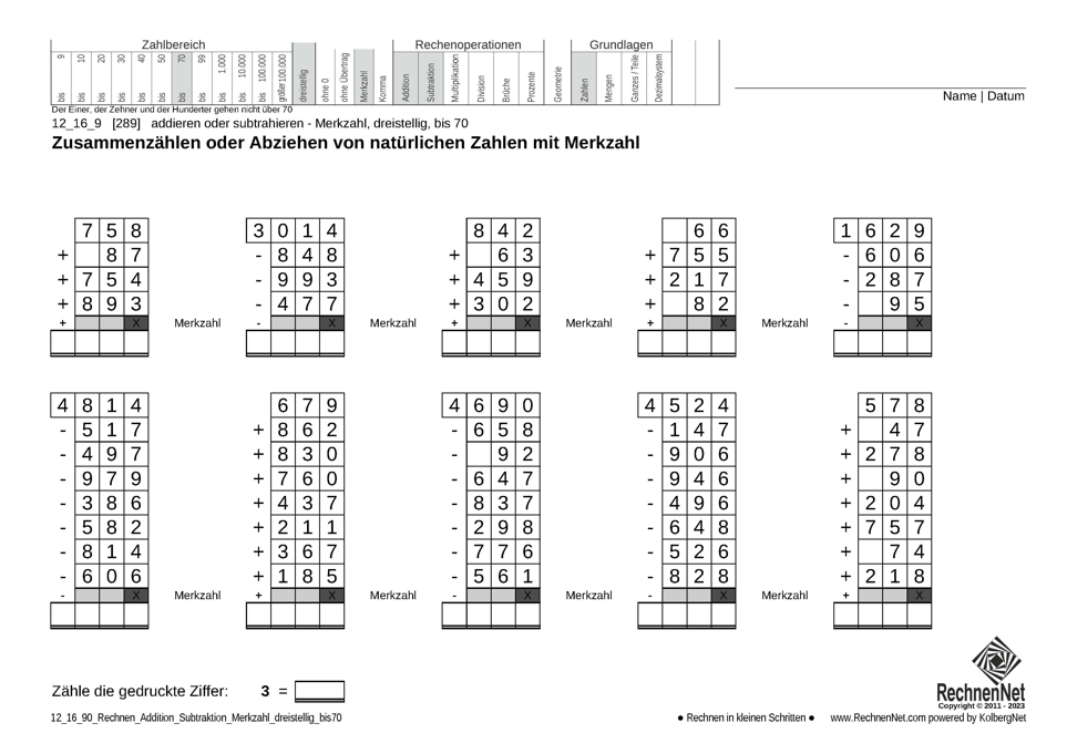 12_16_9 Rechnen Addition Subtraktion Merkzahl dreistellig bis70 12_16_9 Rechnen Addition Subtraktion Merkzahl dreistellig bis70