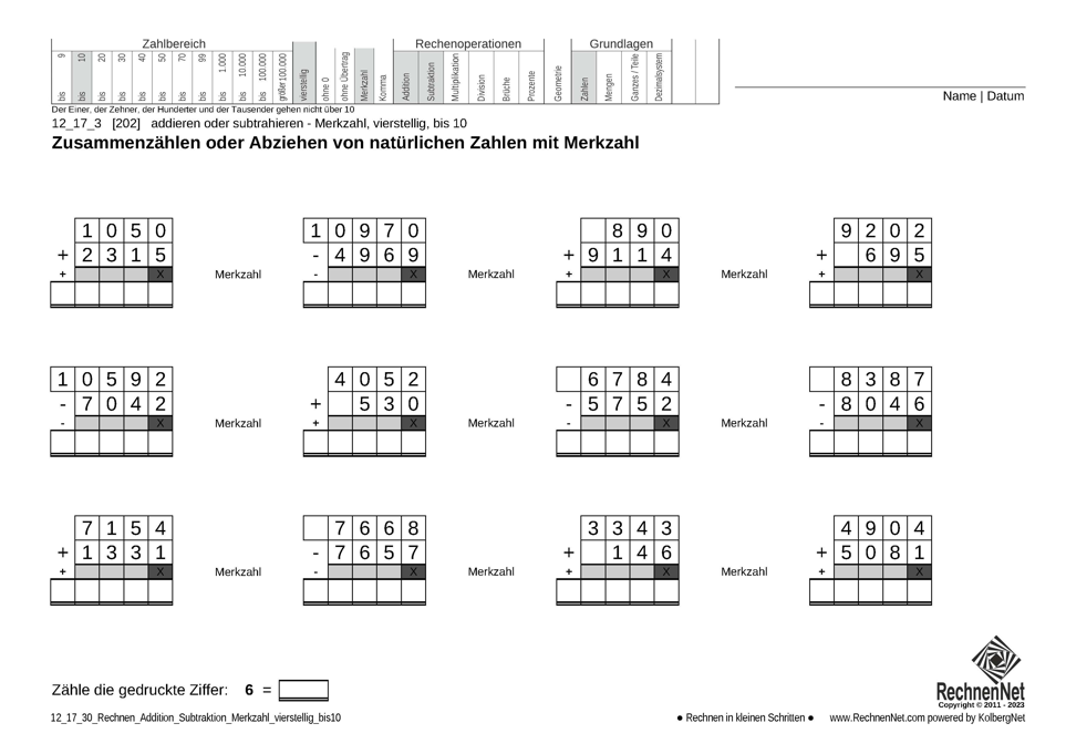 12_17_3 Rechnen Addition Subtraktion Merkzahl vierstellig bis10