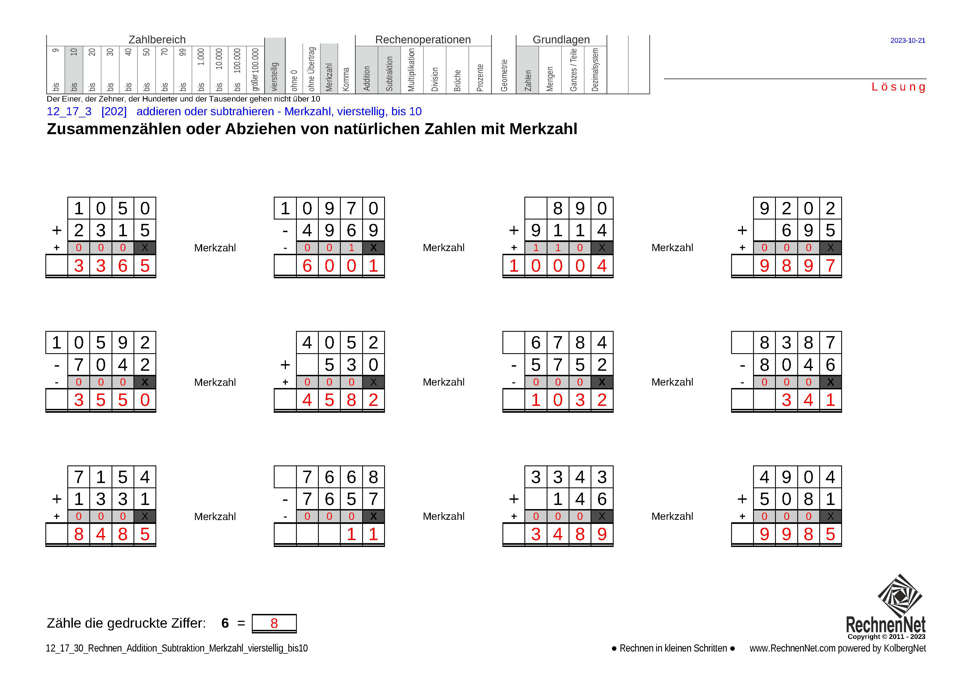 Lösung: 12_17_3 Rechnen Addition Subtraktion Merkzahl vierstellig bis10