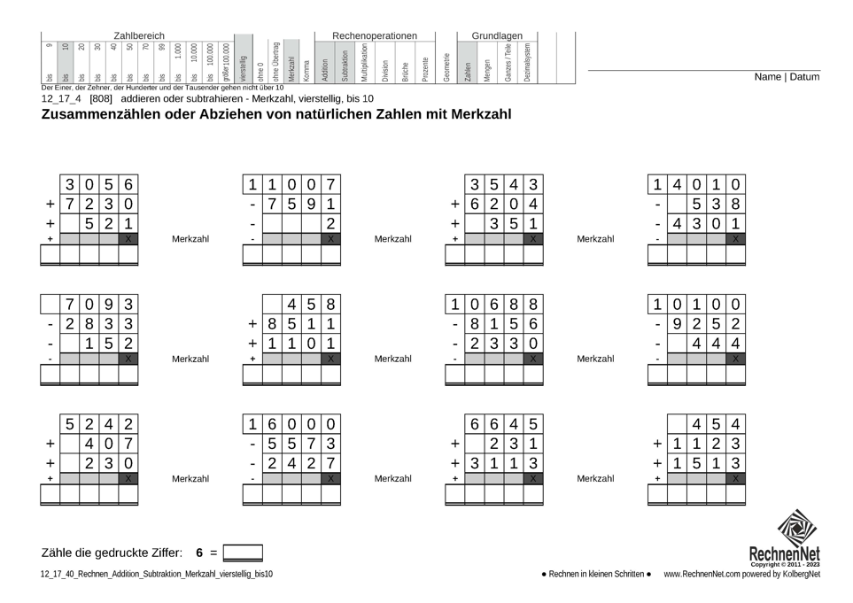 12_17_4 Rechnen Addition Subtraktion Merkzahl vierstellig bis10 12_17_4 Rechnen Addition Subtraktion Merkzahl vierstellig bis10