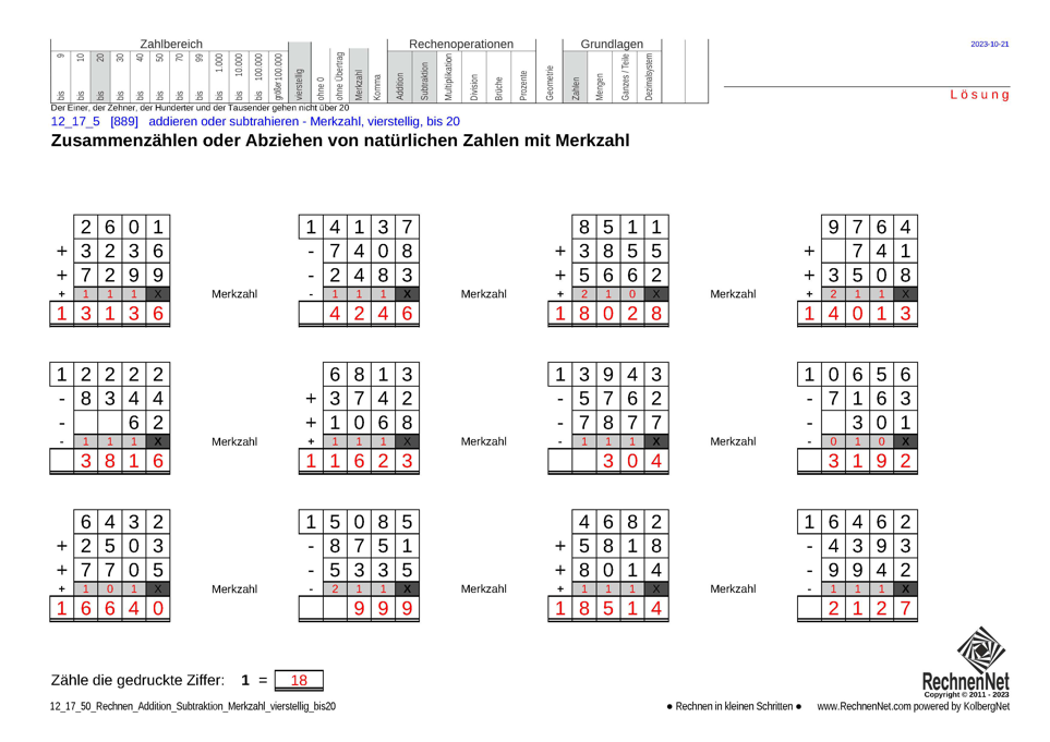 Lösung: 12_17_5 Rechnen Addition Subtraktion Merkzahl vierstellig bis20 Lösung: 12_17_5 Rechnen Addition Subtraktion Merkzahl vierstellig bis20
