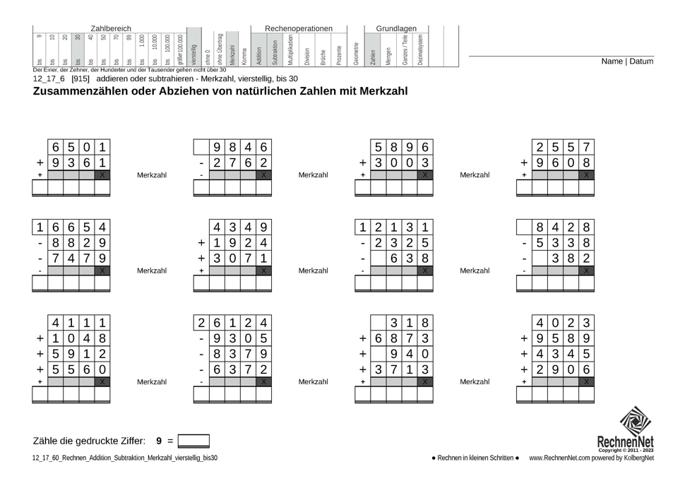 12_17_6 Rechnen Addition Subtraktion Merkzahl vierstellig bis30 12_17_6 Rechnen Addition Subtraktion Merkzahl vierstellig bis30