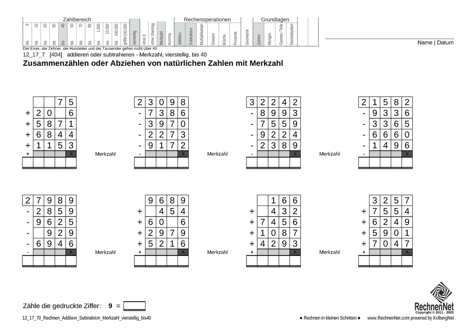 12_17_7 Rechnen Addition Subtraktion Merkzahl vierstellig bis40 12_17_7 Rechnen Addition Subtraktion Merkzahl vierstellig bis40