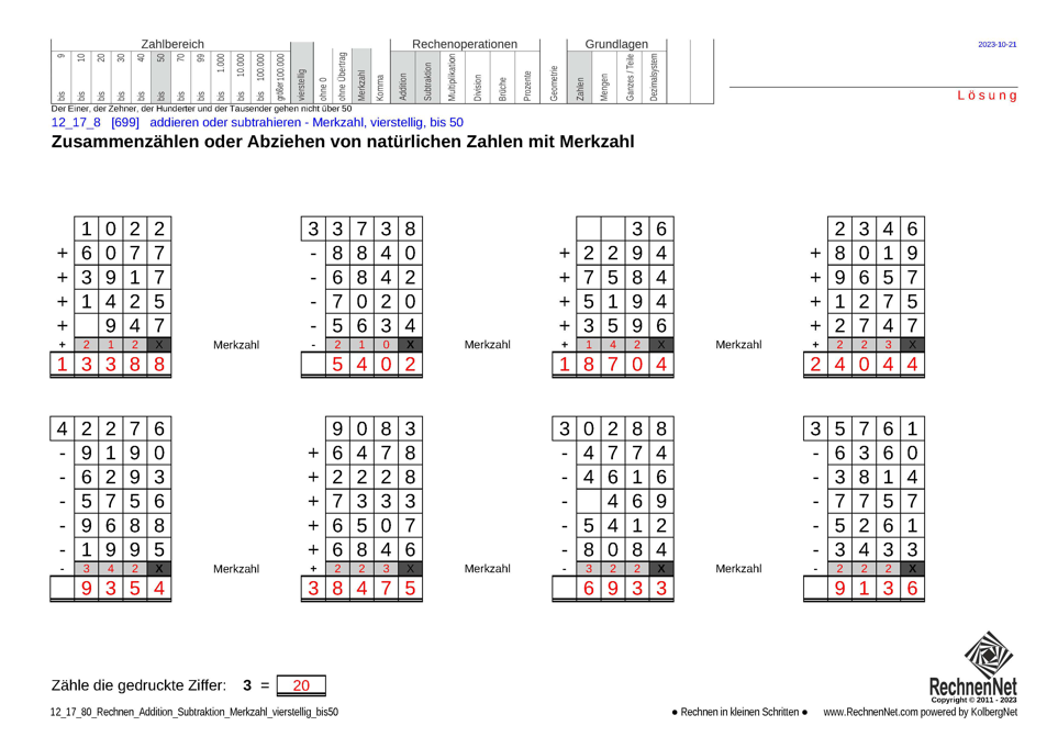 Lösung: 12_17_8 Rechnen Addition Subtraktion Merkzahl vierstellig bis50 Lösung: 12_17_8 Rechnen Addition Subtraktion Merkzahl vierstellig bis50