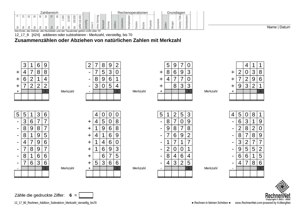 12_17_9 Rechnen Addition Subtraktion Merkzahl vierstellig bis70 12_17_9 Rechnen Addition Subtraktion Merkzahl vierstellig bis70