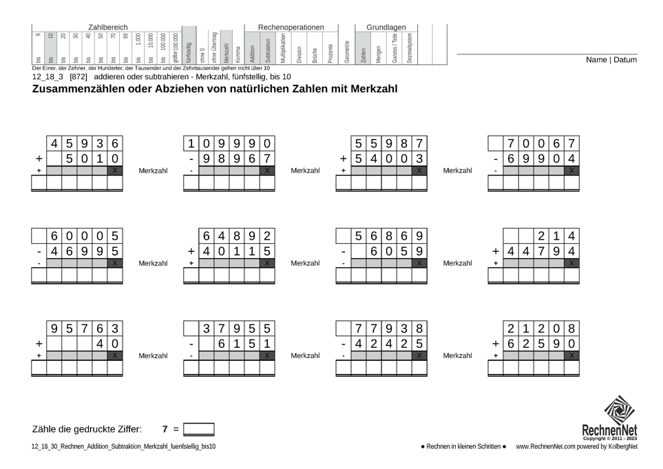 12_18_3 Rechnen Addition Subtraktion Merkzahl fünfstellig bis10