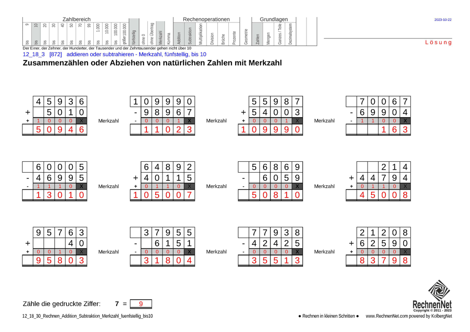 Lösung: 12_18_3 Rechnen Addition Subtraktion Merkzahl fünfstellig bis10